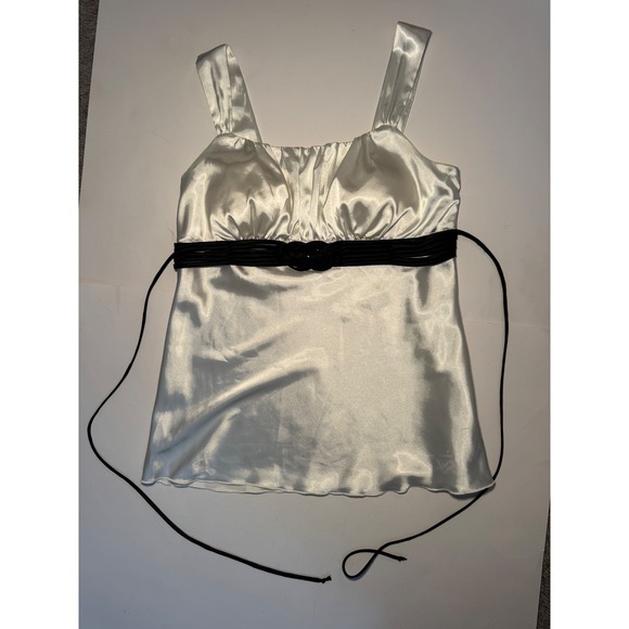 Satin M Tank Top Black Waist Tie Ruched Bust Sleeveless Blouse Dressy - Picture 2 of 9